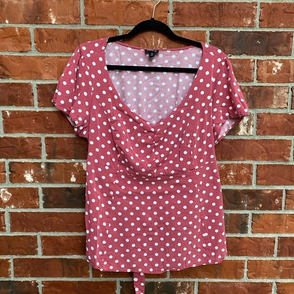 Torrid 2 Womens 2X Pink Polka Dot Vneck Tie Back Baby Doll Blouse